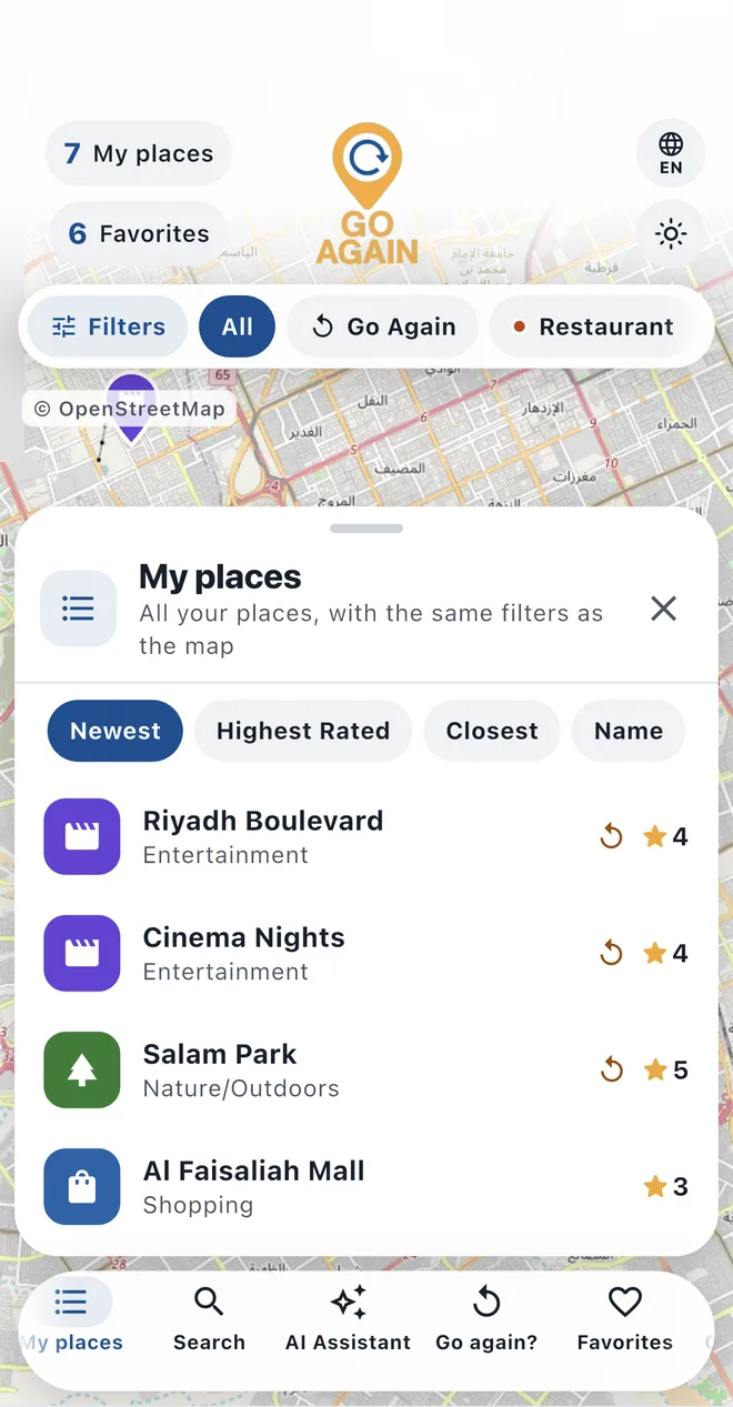 My places: the list of saved places with sorting buttons